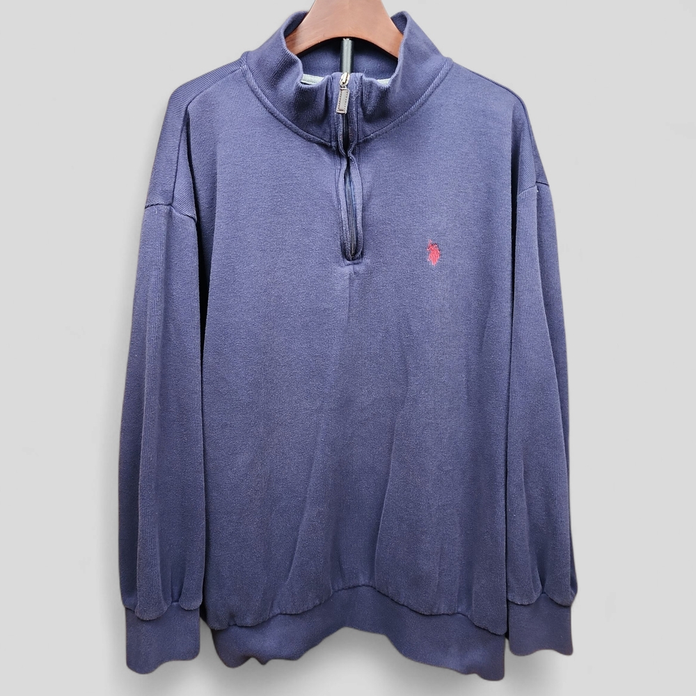 U.S. POLO ASSN. | Blue Mock Neck Cotton Blend 1/4 Zip Pony Logo Sweater | 3X